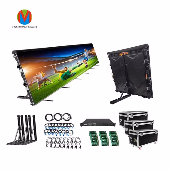 Estádio de futebol em cores ao ar livre, perímetro do estádio, display LED de publicidade grande, sinal de LED ao ar livre